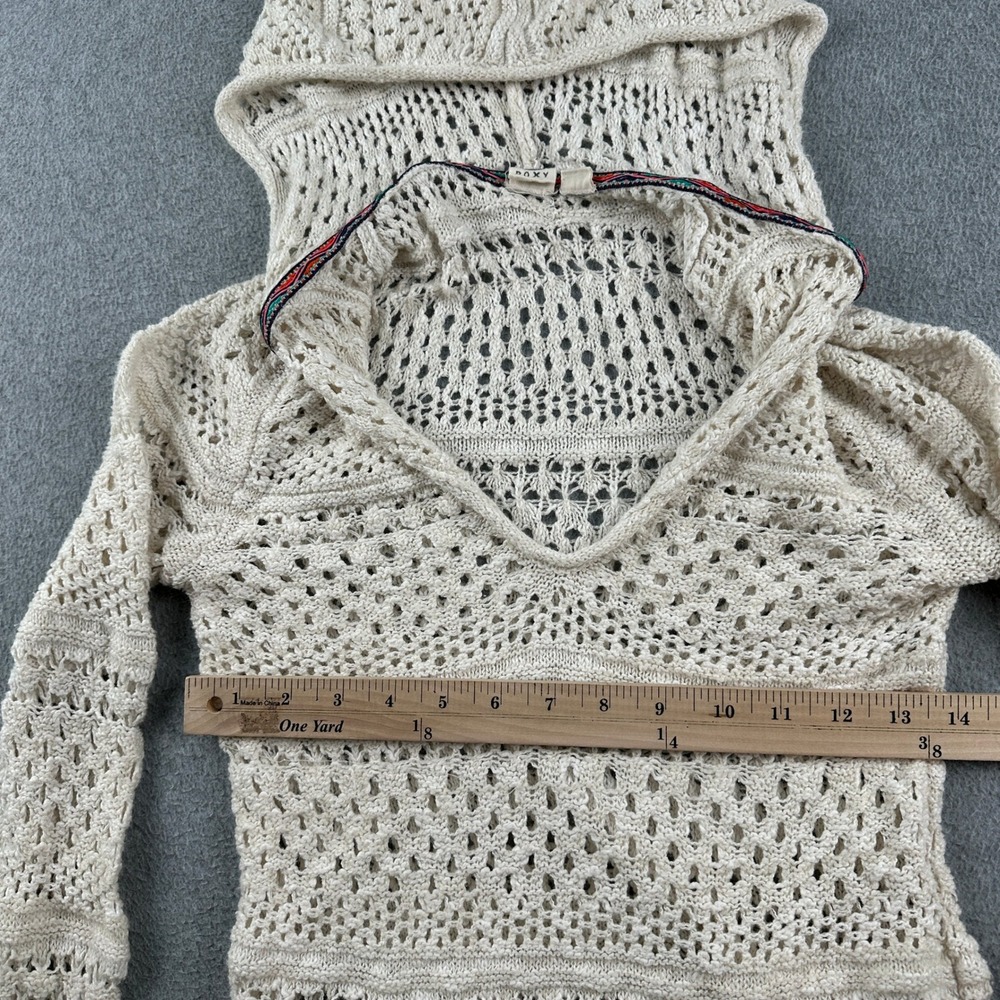 Roxy Sweater Womens L Hoodie Cream Crochet Open Knit Beach Boho V-Neck Pullover - Picture 6 of 8